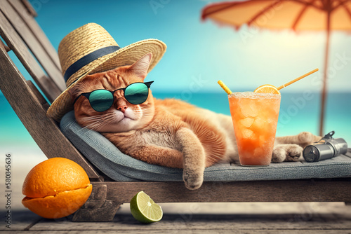 Fototapet Funny cat in sunglasses and hat on sea beach, ginger pet relaxes on vacation, ge