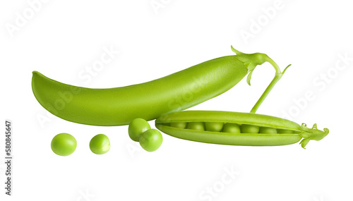 Two big pea pods close up isolated on transparent background. Many small scattered green peas. Bright cut out vegetable composition. Cafe menu, advertising layout design. Canned food packaging element