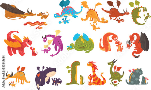 Parents dragons and their babies set. Happy families of mythical animals cartoon vector Illustration