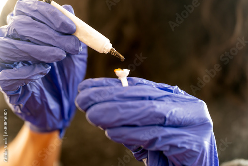 Soft focus of crop anonymous female cosmetologist wearing blue gloves and pouring ink for permanent makeup into tattoo ring
