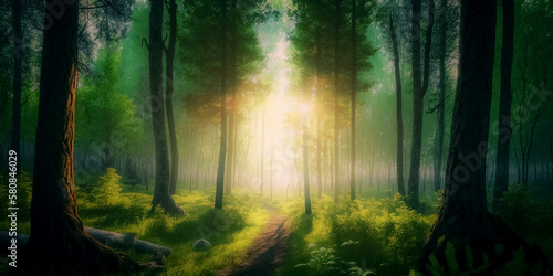 spring forest trees. nature green wood sunlight backgrounds. Generative ai