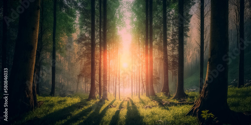 spring forest trees. nature green wood sunlight backgrounds. Generative ai