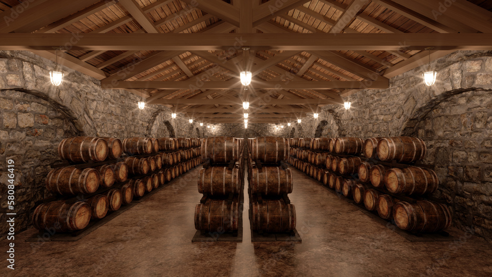 many wine barrels in a cellar with stone walls many wine barrels in a cellar with stone walls