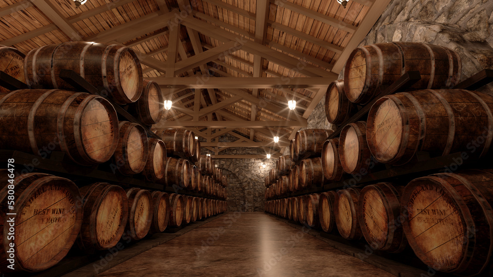 many wine barrels in a cellar with stone walls