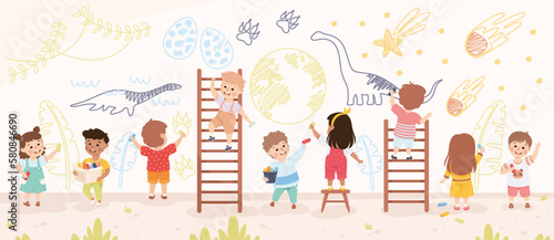 Cute Children Drawing on the Wall with Chalks and Crayon Vector Illustration