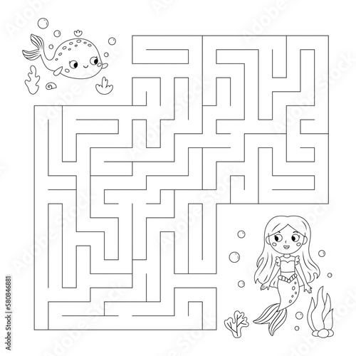 Coloring page with labyrinth. Maze game. Help the whale find the way to mermaid. Fairy tale. Educational puzzle for kids. Underwater theme. Coloring book. Vector illustration.