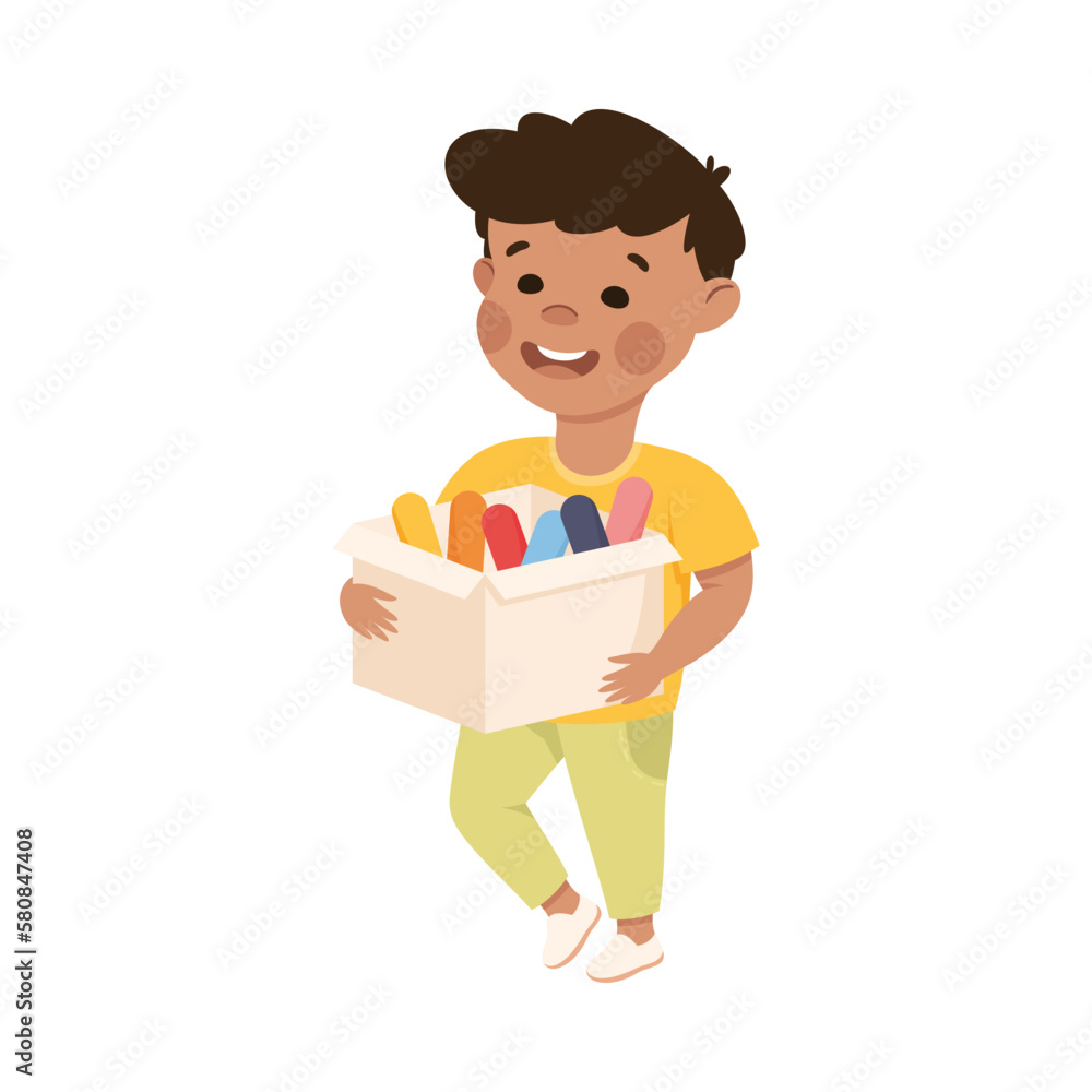 Cute Little Boy Carrying Box with Colorful Chalk or Crayon Vector Illustration