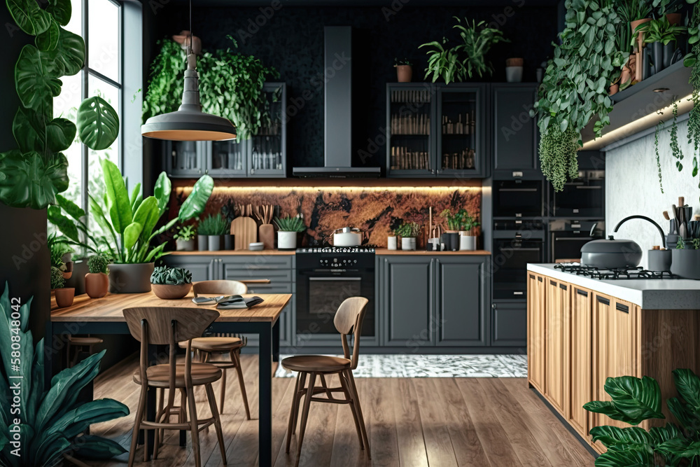 Modern kitchen interior made of wooden materials , generative ...