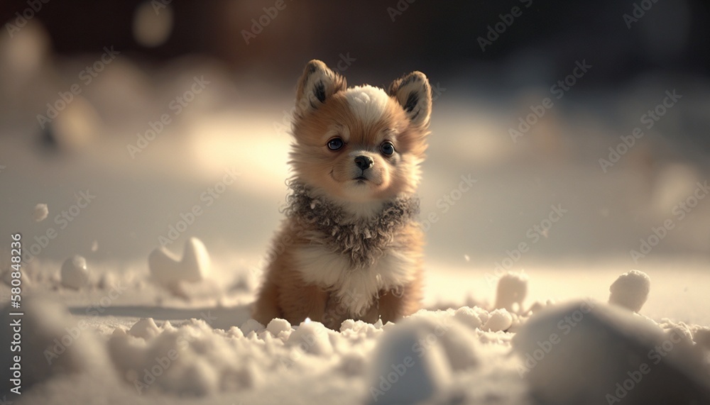 Obraz premium Tiny cute animals in snow - Dog- Photorealistic , generative AI 