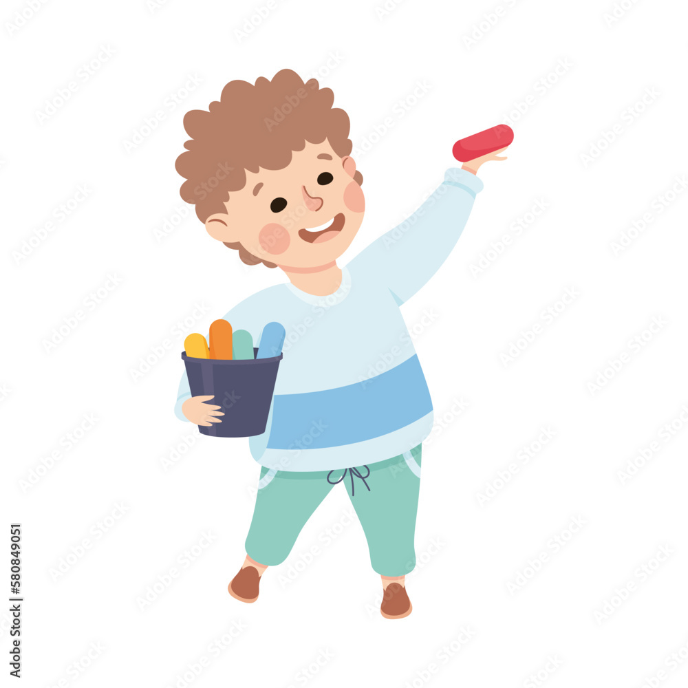 Cute Little Boy Standing with Bucket Full of Chalk or Crayon Vector Illustration Cute Little Boy Standing with Bucket Full of Chalk or Crayon Vector Illustration