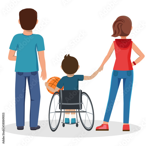 Dad and mom with their son who is sitting in the wheelchair and holding a basketball on a white background. Vector illustration of people.