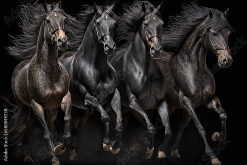 Four big black horses on black background, AI generative
