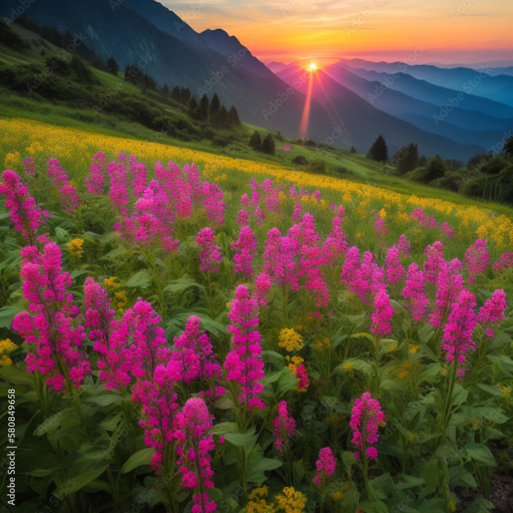 Obraz premium Bright sunset over the mountains with red flowers on green field. Generative AI