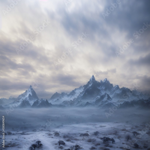 Snow covered mountains, Clouds over the mountains.  Generative AI © Karo