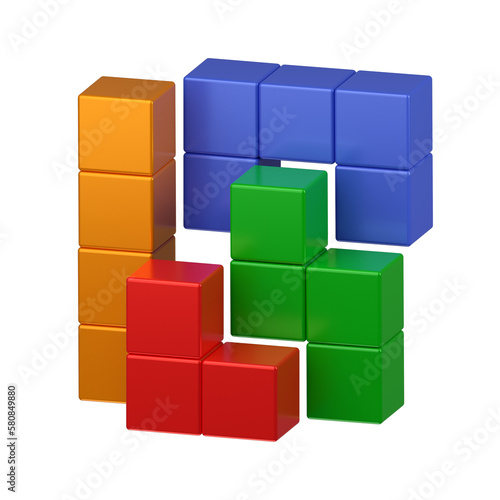 Crystal cube. 3D building block set. Isometric blocks. Abstract construction from isometric blocks shapes. The concept of logical thinking  geometric shapes. Perspective Illustration