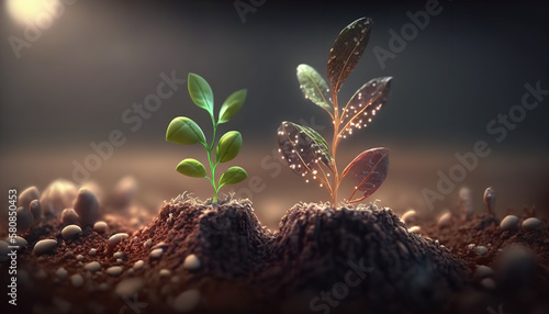 Fényképezés Seedlings growing from the ground, Germinating seeds of various, Growing plants and agriculture concept