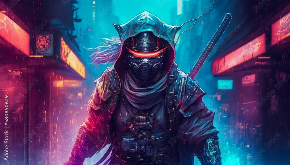 Shadow warrior cyberpunk ninja. Generative AI Stock Illustration