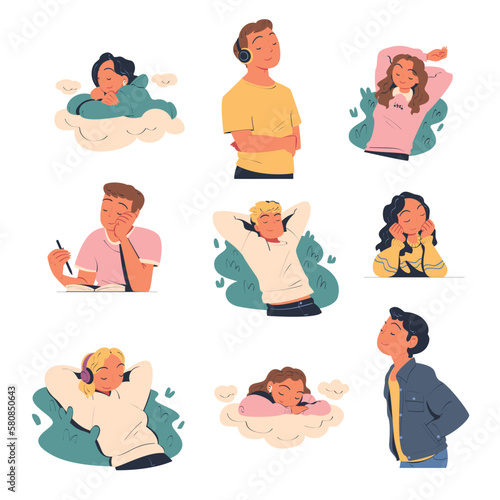 People Characters Dreaming Imagining and Fantasizing in the Clouds Vector Set