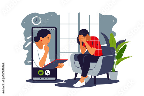 Psychology job online. Counseling depressions and anxiety. Two women are sitting and talking online. Mental health concept. Vector illustration.