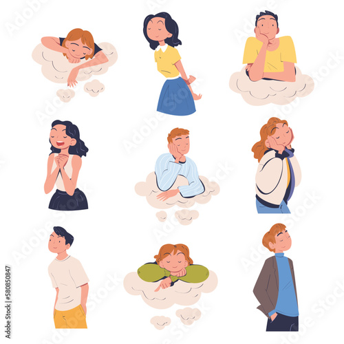 People Characters Dreaming Imagining and Fantasizing in the Clouds Vector Set