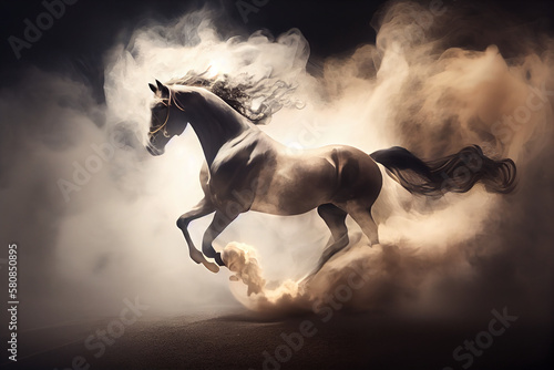 A Horse Galloping Through A Cloud Of Smoke, Representing The Idea Of Power And Energy That Can Dissolve Into Nothingness. Generative AI