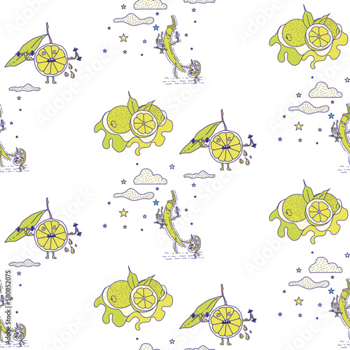 Funny characters and mascots of lemon, lime and chili, vector illustration. Funny drawing pattern of citrus fruits and peaks.