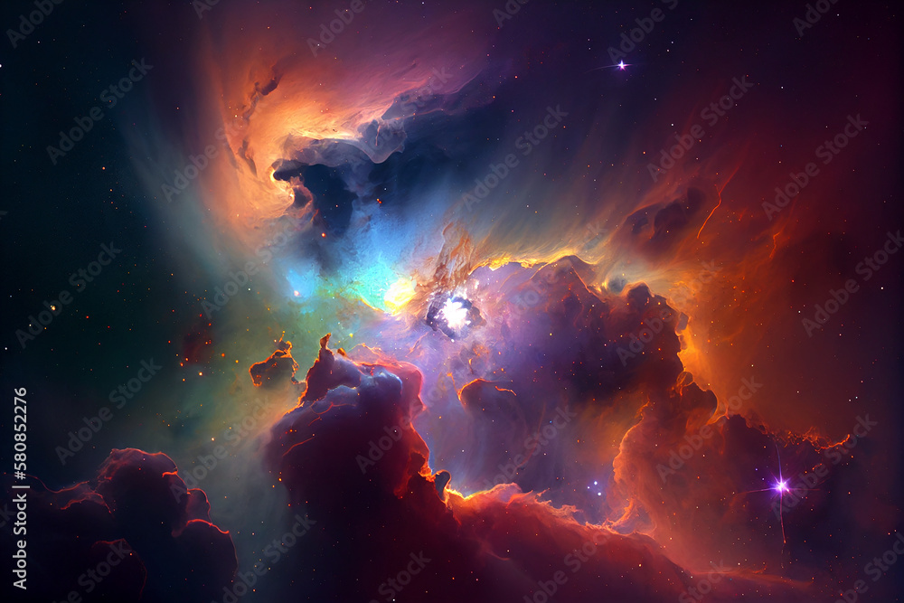 A Nebula With Swirling Clouds Of Gas And Dust, With Bright Stars Of Different Colors Dotted Throughout The Image, Creating A Sense Of Depth And Mystery.