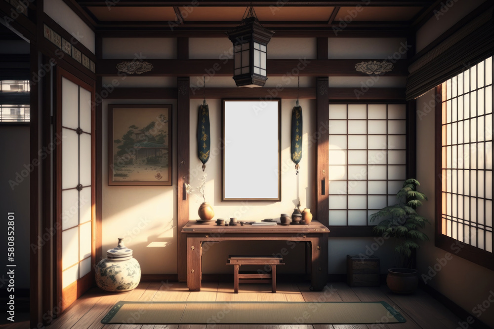 Japanese style room interior with blank canvas on the wall. Frame mockup with white empty space. Generative AI