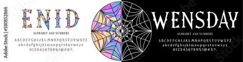 Set of vector horror fonts alphabet and stained glass alphabet with signs, symbols and numbers.