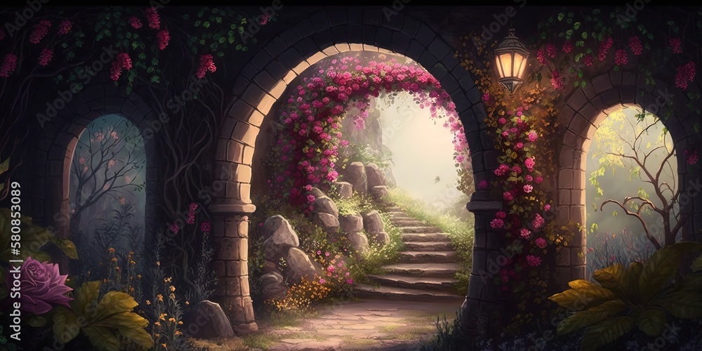 Fototapeta premium This artwork features a stunning garden with flower arches and vibrant foliage, inspired by fairytales, Generative AI