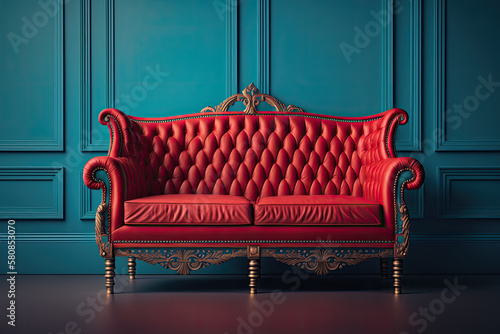 red vintage sofa on the room blue wall background. Illustration AI Generative