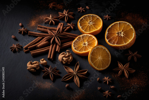 Many cinnamon sticks star anise and dried orange slices. Illustration AI Generative