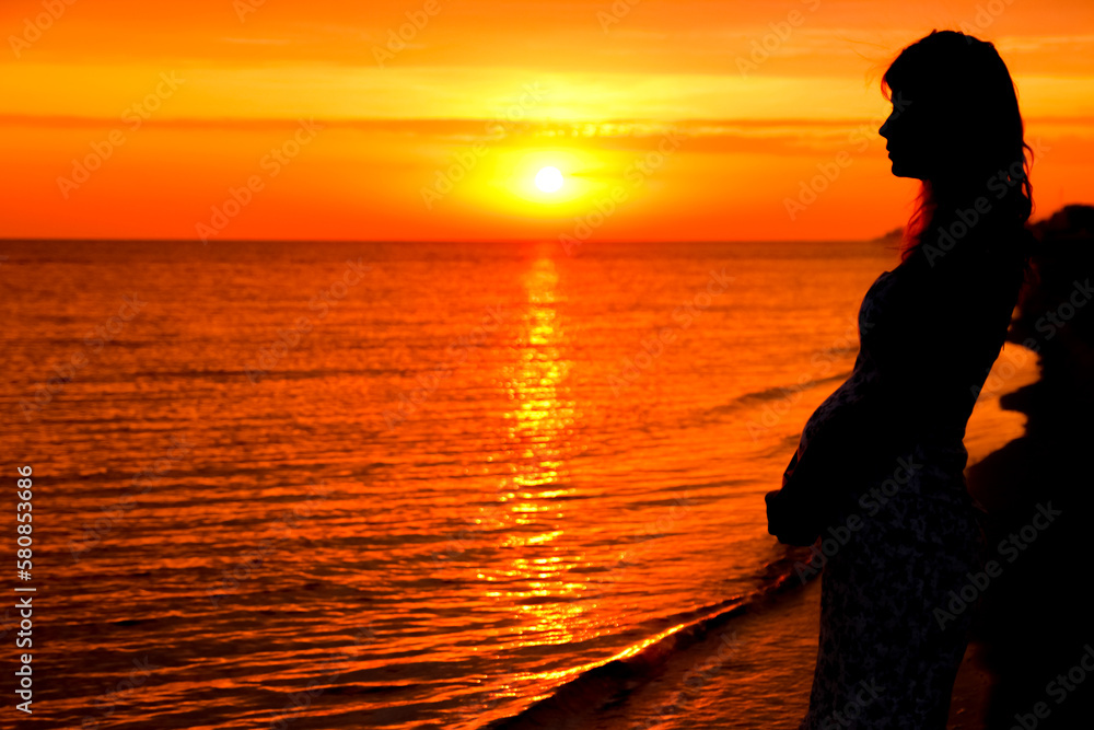 silhouette of a happy pregnant woman on the sea in the summer on the nature