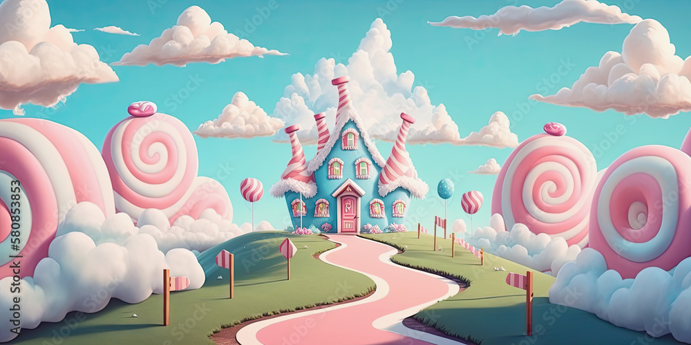ai midjourney generated fantasy illustration of a small cute candy land