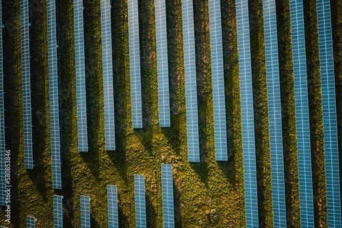 Solar panel rows aerial view. Photovoltaic panels farm from the sky, diagonal rows for renewable solar energy. Reducing  carbon footprint concept, clean green energy for the future.