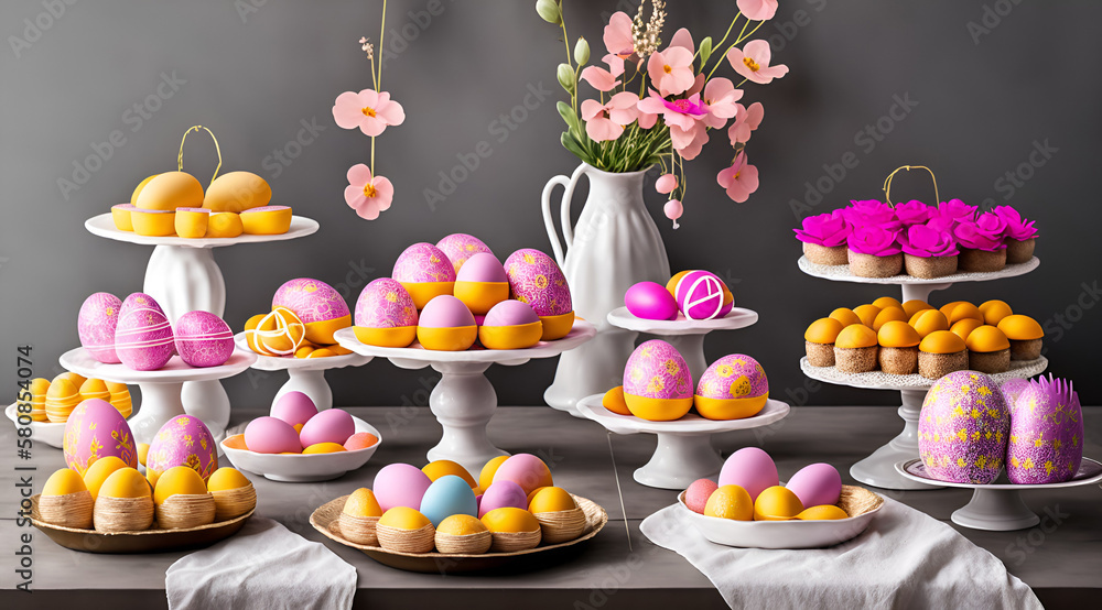 Easter table place setting decoration with colorful eggs. Traditional Easter treats on festive table decorated with spring flowers, created with Generative AI technology