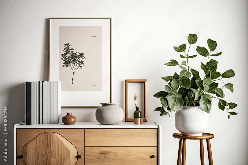Fototapeta premium Stylish interior of living room with mock up poster frame. Illustration AI Generative