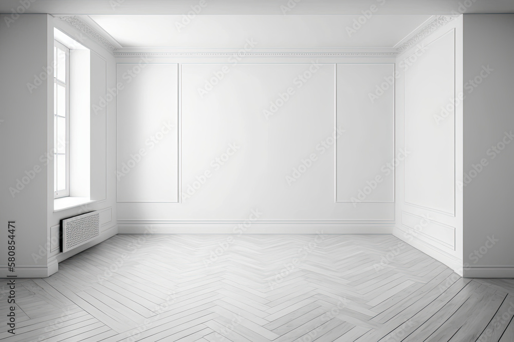 White empty space with parquet floors. Illustration AI Generative White empty space with parquet floors. Illustration AI Generative