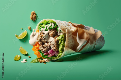 Shawarma with vegetables and meat on green background. Illustration AI Generative