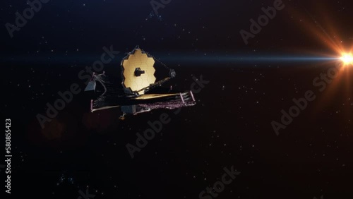 James Webb space telescope orbiting the sun in deep space. 3D animation