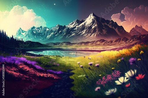 Fantasy colorful landscape with meadow and mountains. Created with Generative AI