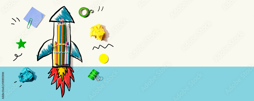 Back to school theme with a rocket with school supplies Stock Photo ...