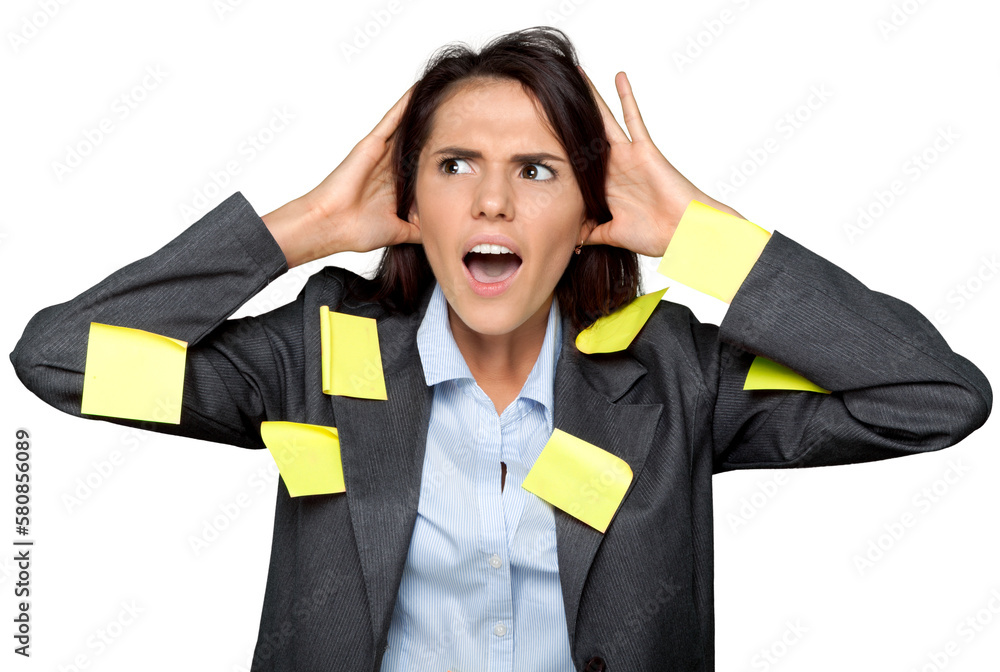 Portrait of a Frustrated Businesswoman Covered with Adhesive Notes Portrait of a Frustrated Businesswoman Covered with Adhesive Notes