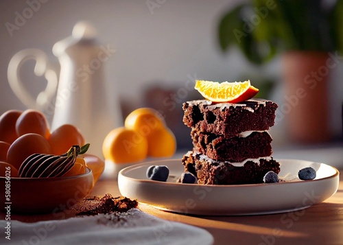 Fresh brownies stacked on a white plate with citrus fruit, created with Generative AI
