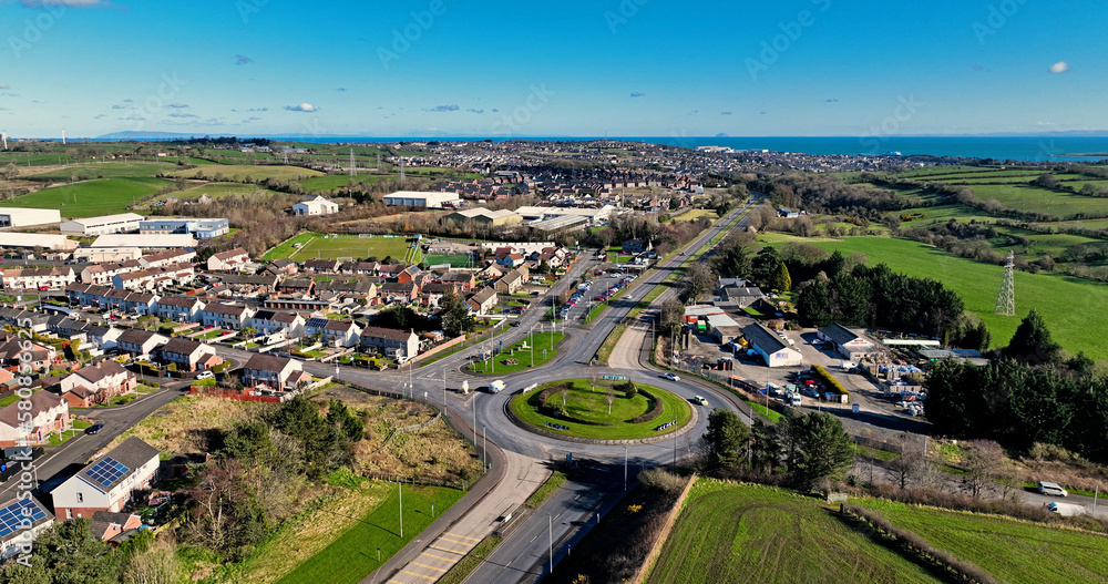Aerial view of Residential homes and business in Millbrook Larne in County Antrim Northern Ireland