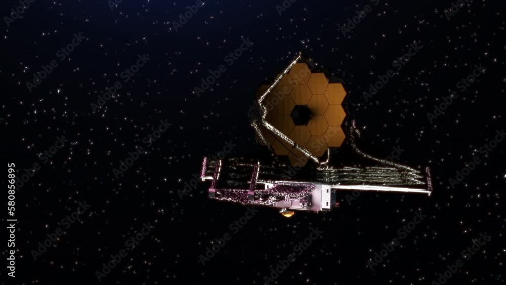 James b space telescope orbiting the sun in deep space. 3D animation
