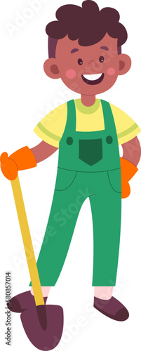 Cute child gardener with shovel flat illustration Gardening