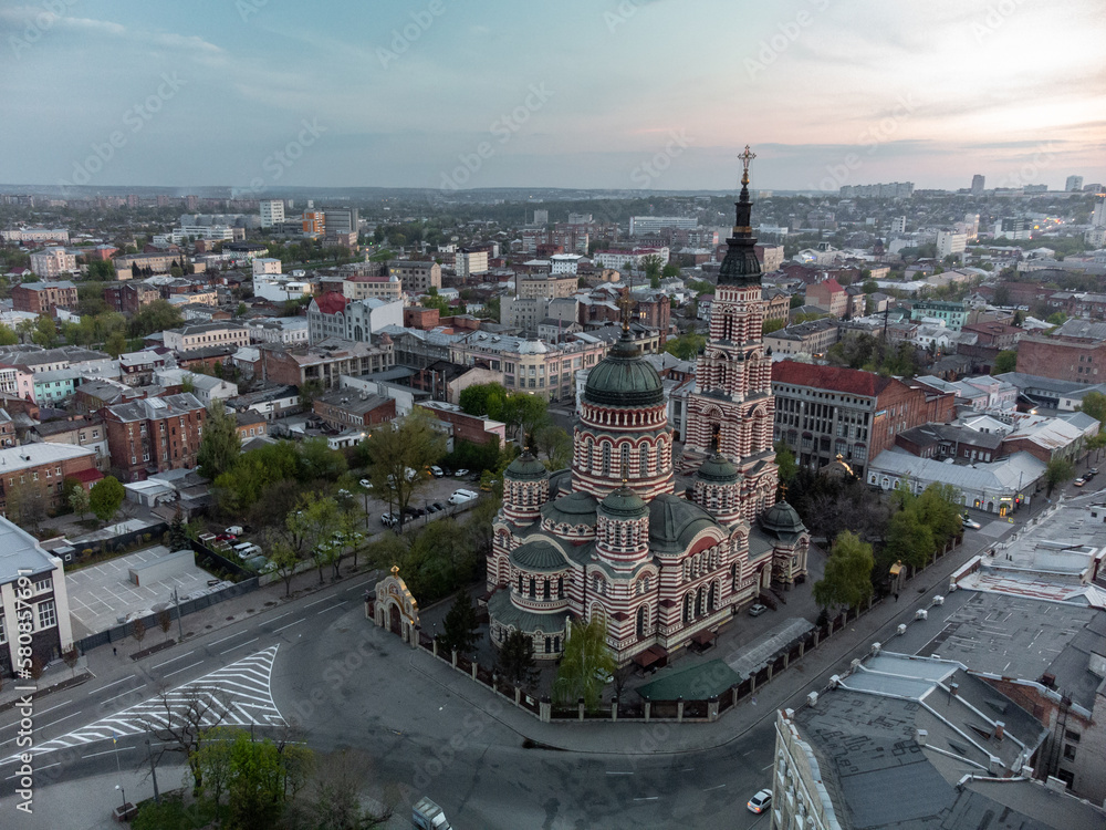 Holy Annunciation Cathedral aerial view with evening scenic sky. Kharkiv city orthodox church in downtown, Ukraine