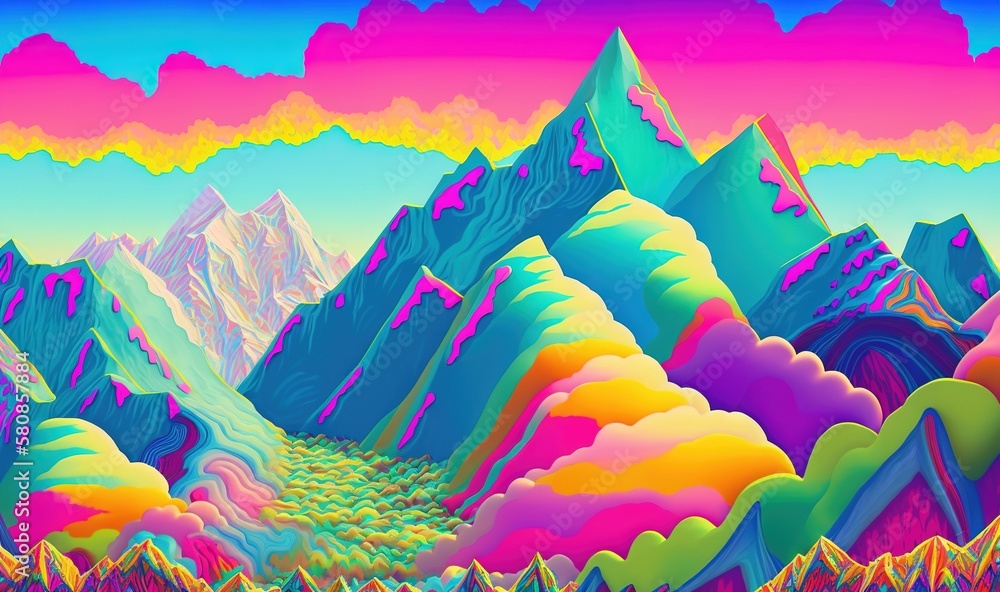 Fototapeta premium a painting of a mountain range with a colorful sky and clouds. generative ai