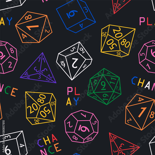 Seamless pattern with various dices. Polyhedral dices for rpg tabletop games. Colorful outline elements isolated on black. D4, d6, d8, d10. Play, chance typography Vector illustration